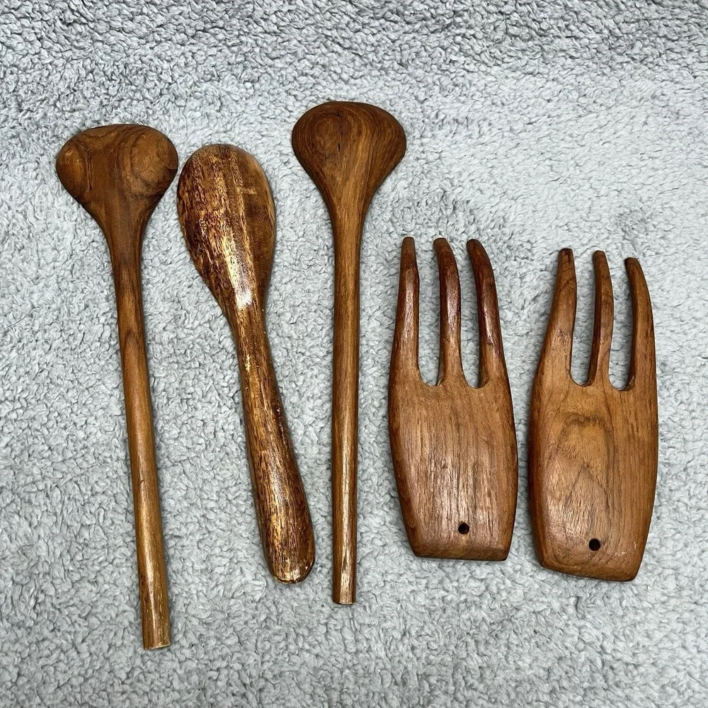 Wooden Serving‎ Kitchen Utensils Vintage Spoons Forks Salad Serving Set 5 Pieces